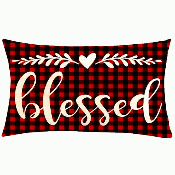Festive Blessings Red Plaid Lumbar Pillow Cover - 12x20in - Merry Happy New Year Decorative Cotton Linen Sofa Chair Car Cushion Case