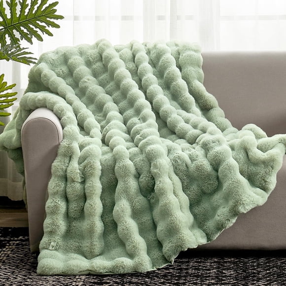 Manta de piel sintética Cozy Bliss con forma de burbuja, 130 x 150 cm, color verde salvia