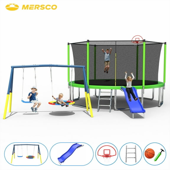 Mersco 14FT Heavy Duty Trampoline with Enclosure Net , Swing Set Outdoor Big Trampoline for Backyard,Kids Trampoline with Basketball Hoop,Birthday and Holiday Gifts for Kids,Blue