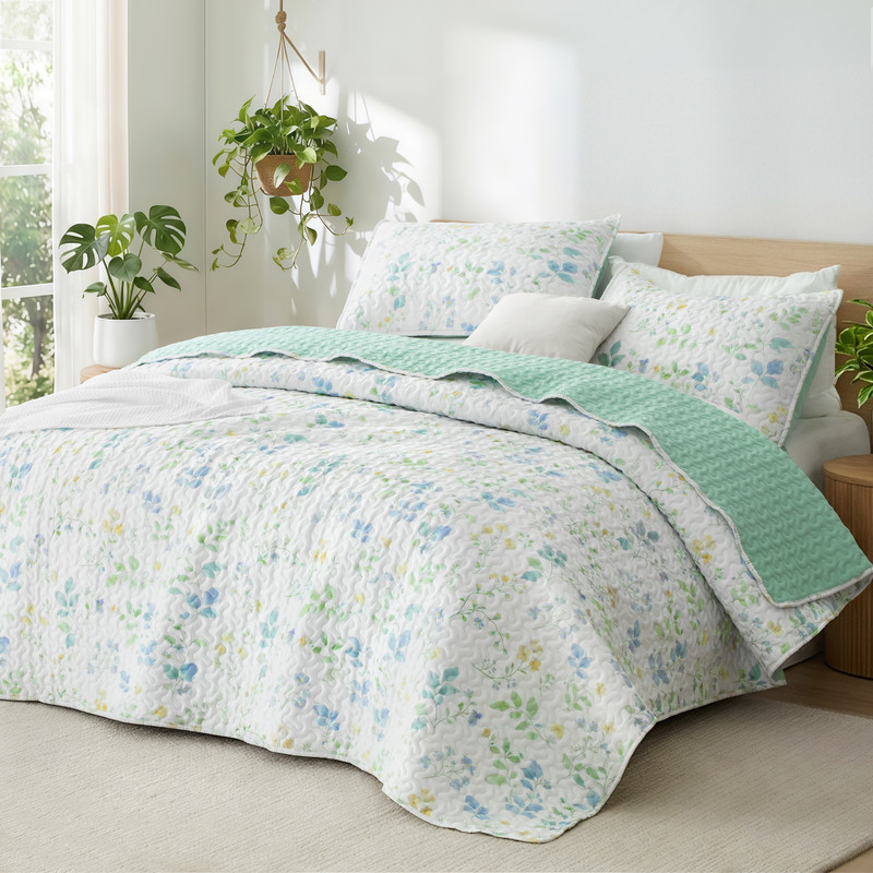 Exclusivo Mezcla Floral Twin Size Quilt Set, White Twin Quilt Bedding Set with Cottagecore Garden Pattern, Reversible Lightweight Bedspreads Coverlets (68"x88")
