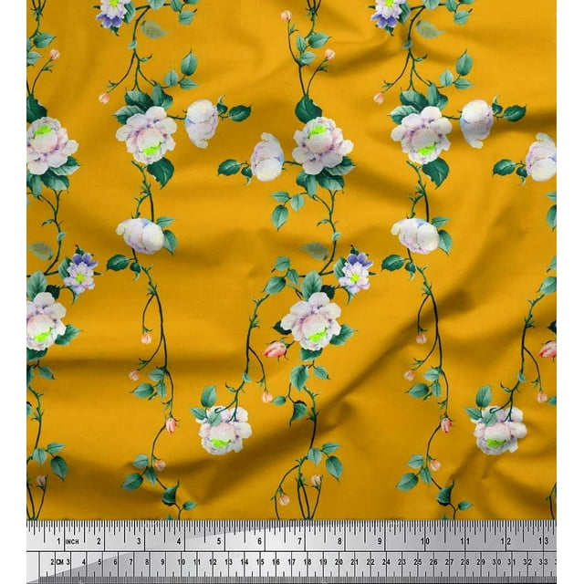 Soimoi Crepe Silk Fabric Leaves & Peony Floral Print Fabric by Yard 42 Inch Wide