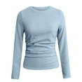 thumbnail image 3 of Htigea Women's Long Sleeve Shirts Solid Color Slim Fit Frill Tops Basic Crewneck Pullover Y2k Tees Blue S, 3 of 6