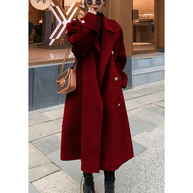 Chouyatou Women s Winter Double Breasted Midi Long Wool Pea Coat Notch Lapel Winter Trench Coat Walmart