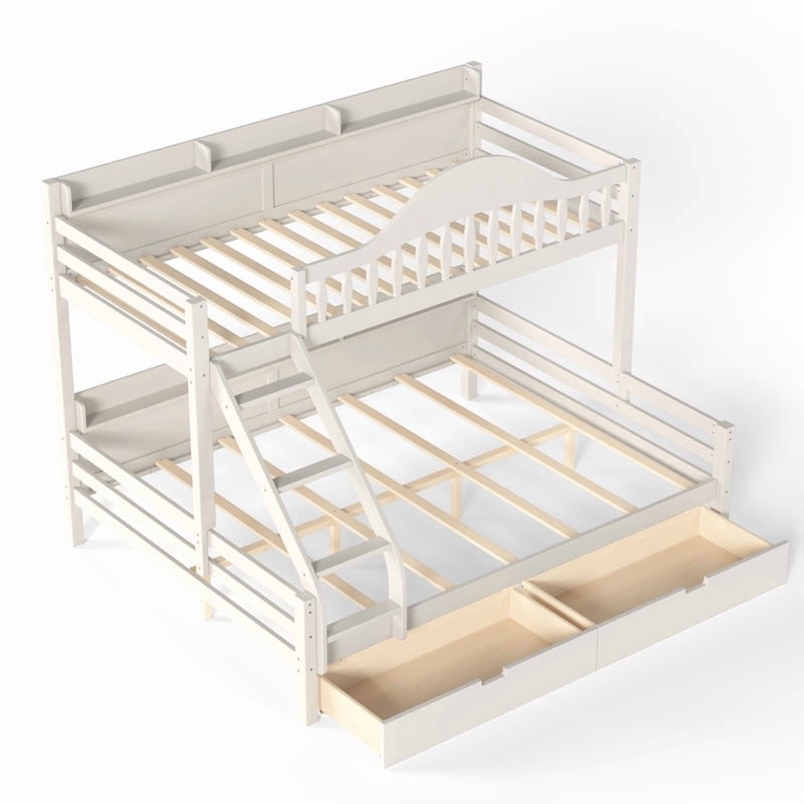 Twin XL-Over-Queen Wood Bunk Bed with Curved Guardrail & Ladder, Chic Kids Storage Bed Frame with Drawers & Bedside Shelves