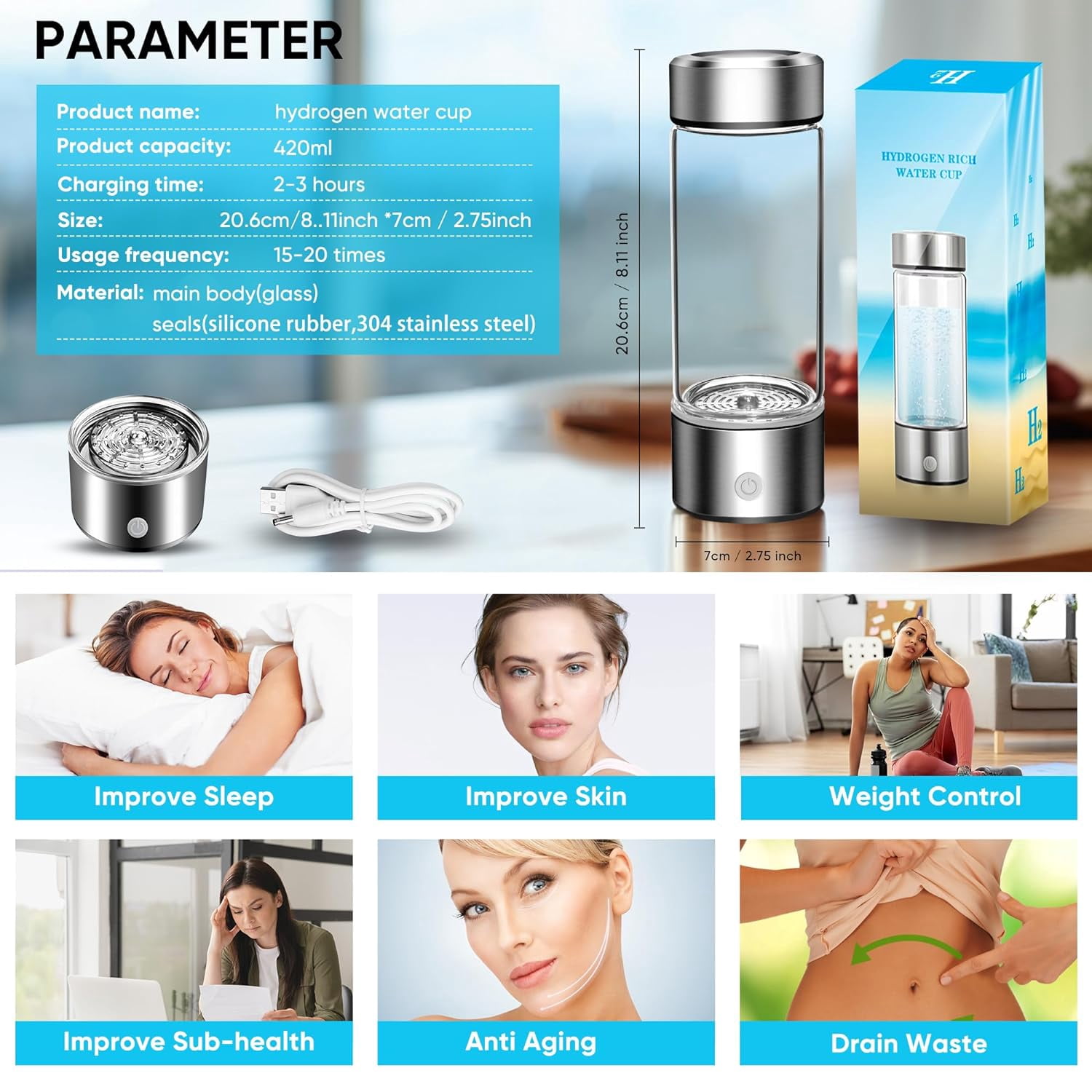 Hydrogen Water Bottle, Portable Hydrogen Water Bottle Generator, Ion Water Bottle Improve Water Quality in 3 Minutes, Water Ionizer Machine Suitable for Home, Office, Travel and Daily Drinking(Silver)
