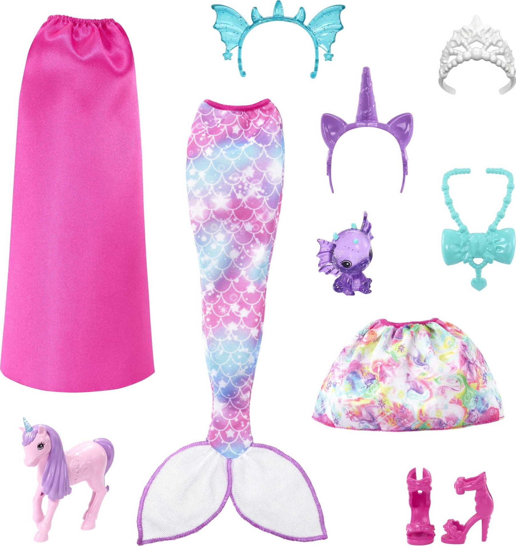 Barbie Dreamtopia Fashion Doll and Dress-Up Set with Mermaid Tail Clothes, Accessories and Pets