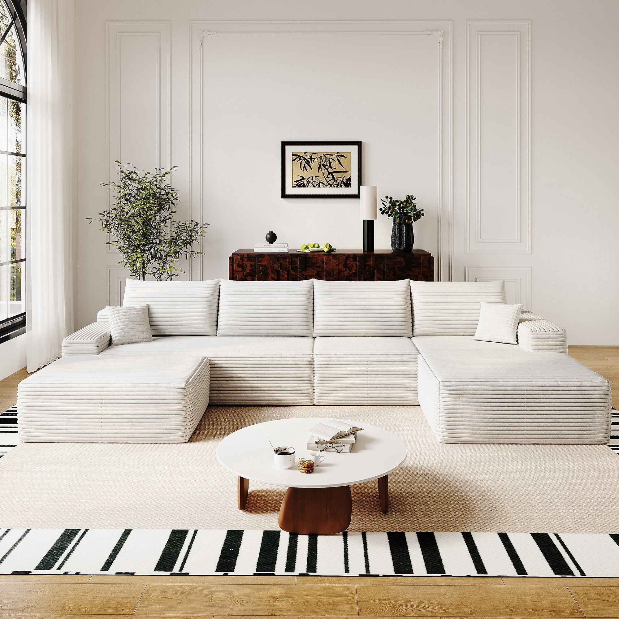 Sailvan 135" Cloud Sectional Couch, Cloudy Sofa with L-Shape Chaise & Ottoman, Upholstered Couches for Living Room & Bedroom, No Assembly Required, Plush Corduroy Fabric, Beige