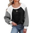thumbnail image 1 of Sudadera de lana difusa con cuello redondo para mujer, informal, de moda, con manga larga abombada, color block, color negro, XL, 1 of 6