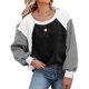 thumbnail image 1 of Sudadera de lana difusa con cuello redondo para mujer, informal, de moda, con manga larga abombada, color block, color negro, M, 1 of 6