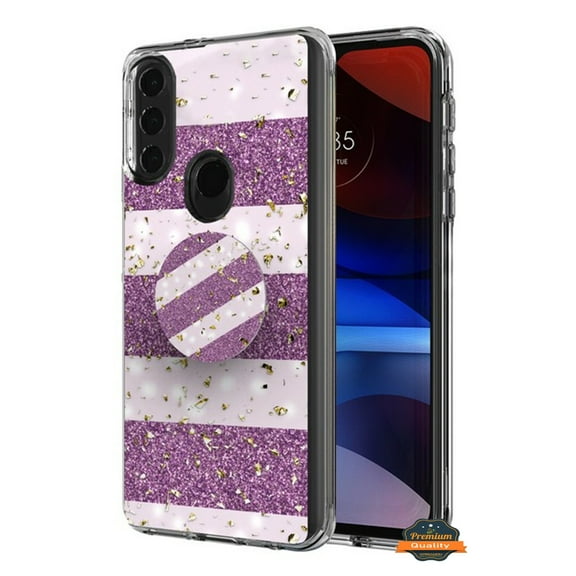 For Motorola Moto G Pure Elegant Pattern Design Bling Glitter Hybrid Cases with Ring Stand Pop Up Holder Kickstand Phone Case Cover by Xpression [Purple White]
