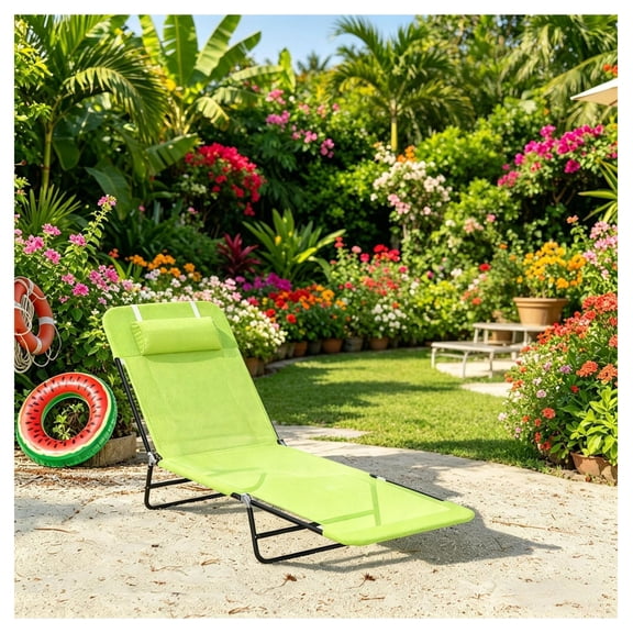 Outdoor Chaise Lounge Chair - Breathable Mesh Reclining Sun Chair with Headrest - Folding Pool Tanning Chair for Patio, Beach, and Garden - Green