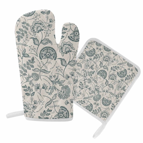 Oven Mitts and Pot Holder Set for Kitchen, Pastoral Flowers Kitchen Oven Gloves Heat Resistance Non-Slip Surface Potholders Farmhouse Blue Floral Hot Pads Sets for Cooking Baking Grilling BBQ