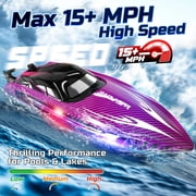 RC Boat for Kids, Remote Control Boats for Lakes and Pools, Wefone WF17 15+ MPH Summer Toys with LED Lights, Demo, 2 Batteries up to 40 Mins, Purple