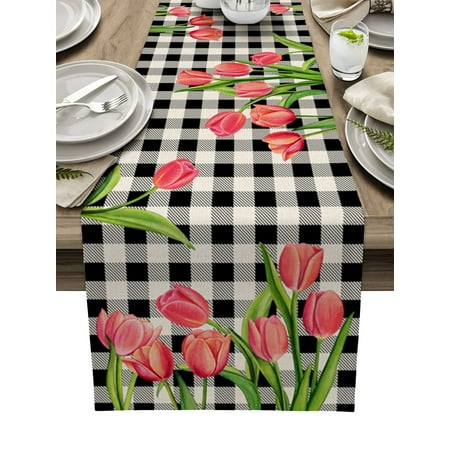 

Spring Blue Tulip Flower Linen Table Runner Wedding Decoration Anti-stain Table Runner Dining Table Holiday Party Table Decor