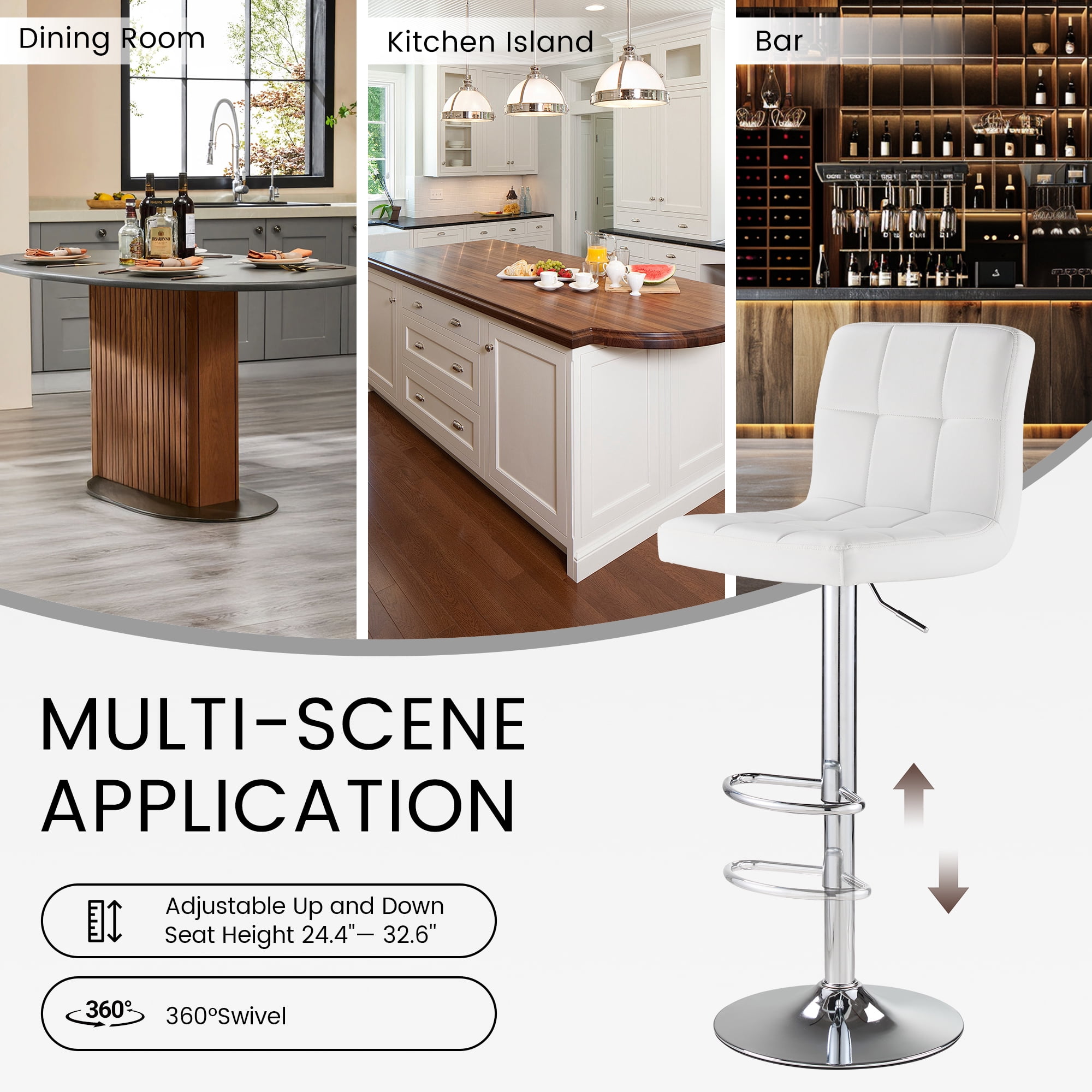 SAETSFEG Bar Stools, Thickened Seat Cushion Adjustable Swivel Bar Stool with Backrest, Counter Height PU Leather Bar Chairs for Kitchen Island, Dining Room, White