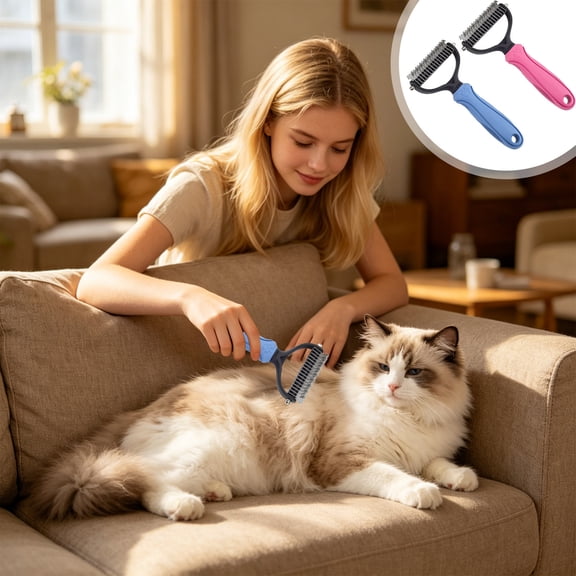 FEOLGEHLY Double Sided Pet Dematting Comb for Dogs Cats - Undercoat Rake Deshedding Brush with Stainless Steel Rounded Tips Dual Teeth for Gentle Grooming - Versatile Dematting Comb (Blue)