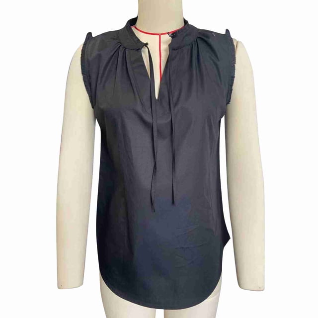 Top con cuello en V y cordones para mujer, jersey informal holgado sin mangas, blusa femenina a la moda, color negro L