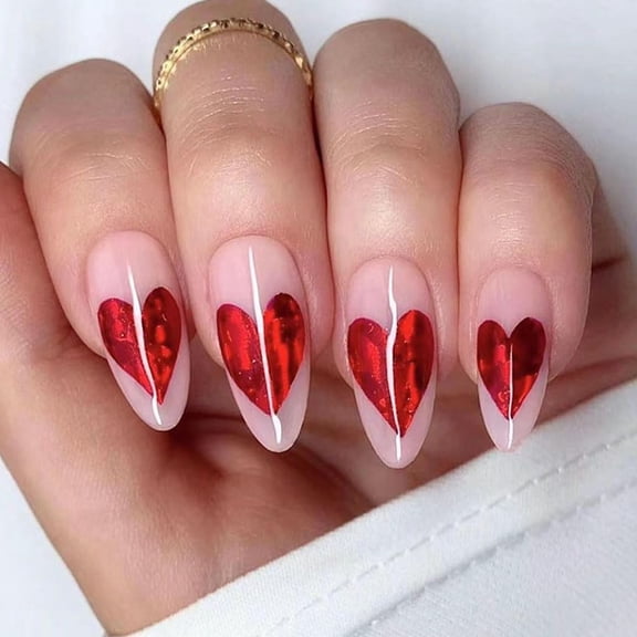 Valentine‘s Day Press on Nails Red Heart Short Medium Almond Acrylic Fake Nails Cute Fashion Valentine Nails Glue on Glossy Full Cover Artificial False Stick on Nail for Women and Girls 24Pcs