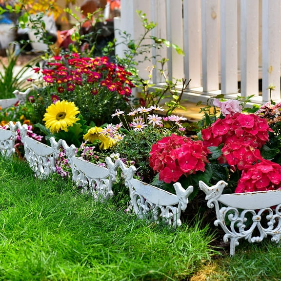 Decorative Cast Iron Garden Edging Border, 4 Pack White Landscape Fence Panels