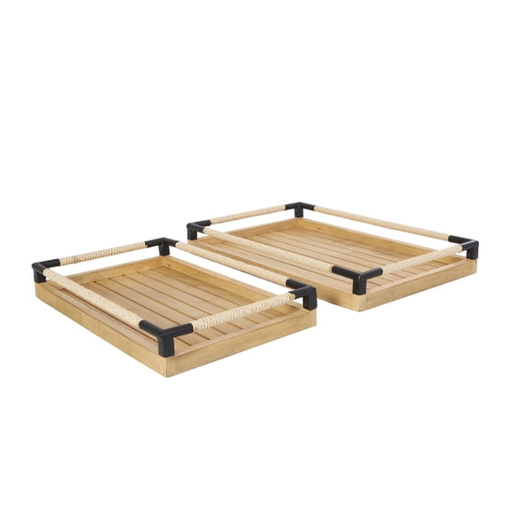 DecMode 19", 16"W Brown Wood Slatted Tray with Elevated Woven Sides and Black Metal Corners, 2-Pieces