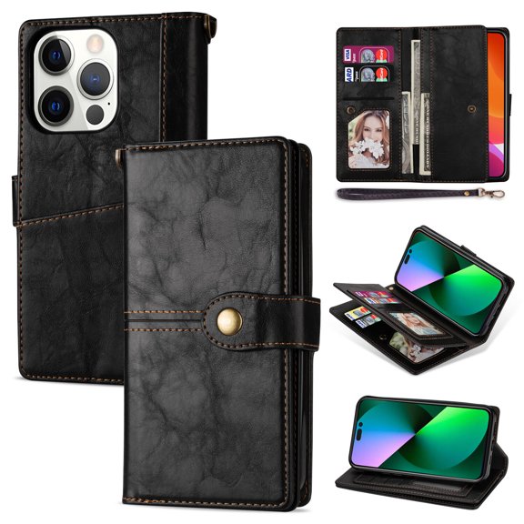 Flip Folio Case for iPhone 14 Pro Max 6.7", Anti-scratch Vintage Leather Wallet Case [Card Slots Cash Pocket] Kickstand Anti-drop Detachable Strap Full-protective Business Case, Black