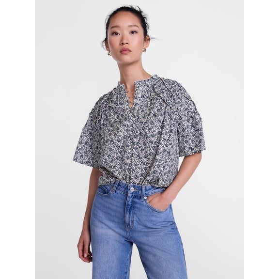 Scenario Women's Gathered Cotton Voile Top with Short Sleeves, Size XS-XXXL