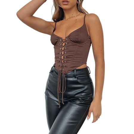 

FUFUCAILLM Women Bandage Corset Sexy Low-Cut Camis Solid Color Deep V-neck Camisole Bustier Sling Crop Top Streetwear Punk 90s