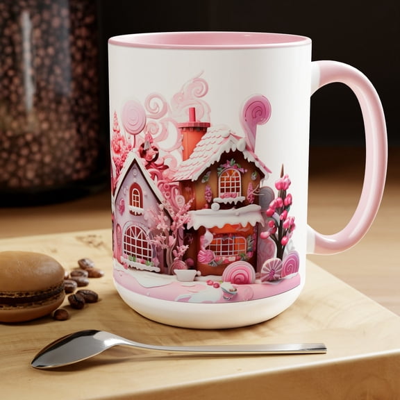 Pink Gingerbread Village Mug Large Ceramic Winter Holiday Cup