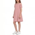 thumbnail image 4 of Busydd Dresses for Teens 5-15 Years Casual Summer Solid Color off Shoulder T Shirt Dress Trendy Round Neck Short Sleeve Girl Dresses with Pockets 11-12 Years, 4 of 7