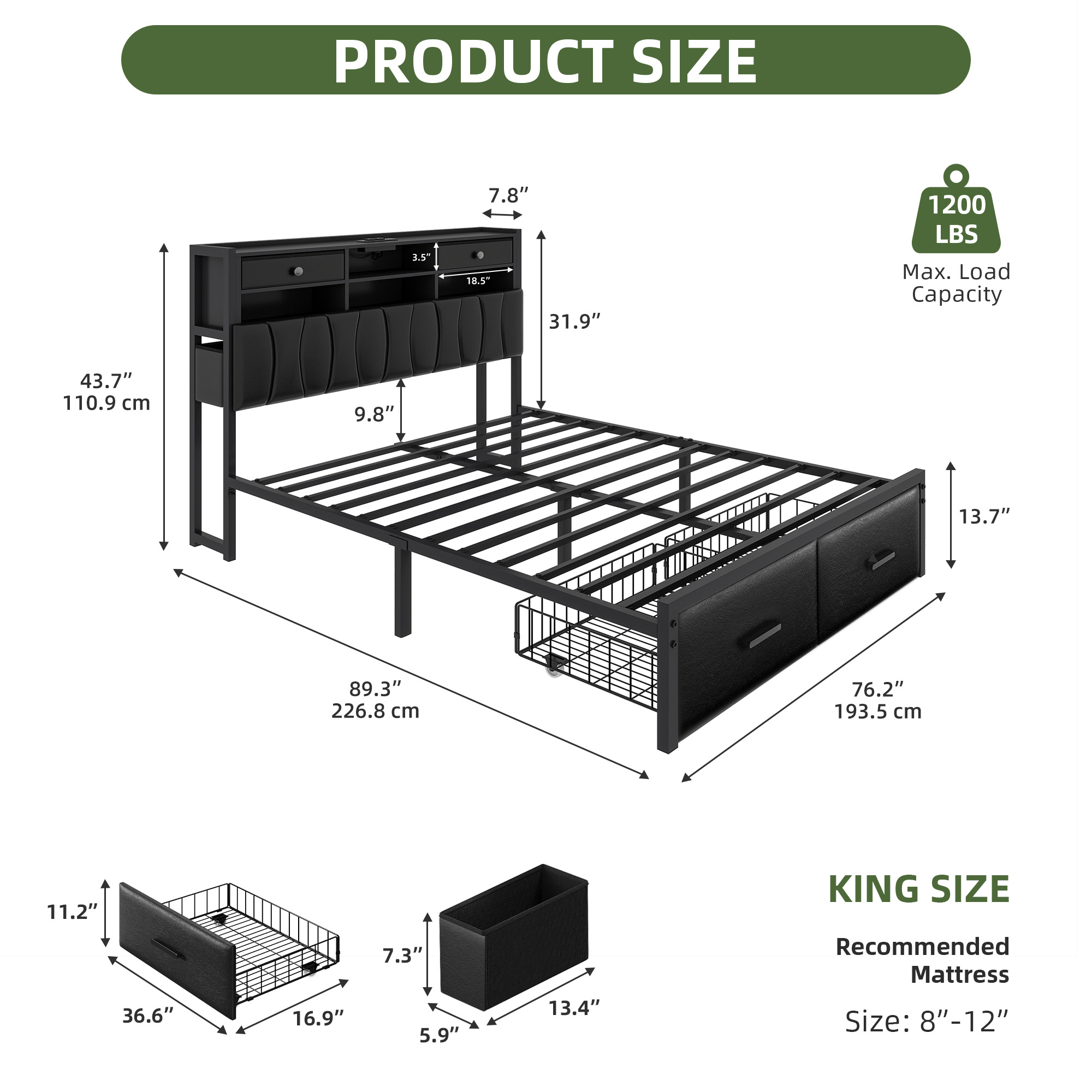 Uforic King Size PU Leather Platform Bed Frame with 3-Tier Storage Headboard 2 Underbed Rolling Drawers & Side Storage Boxes, No Box Spring Required, Black