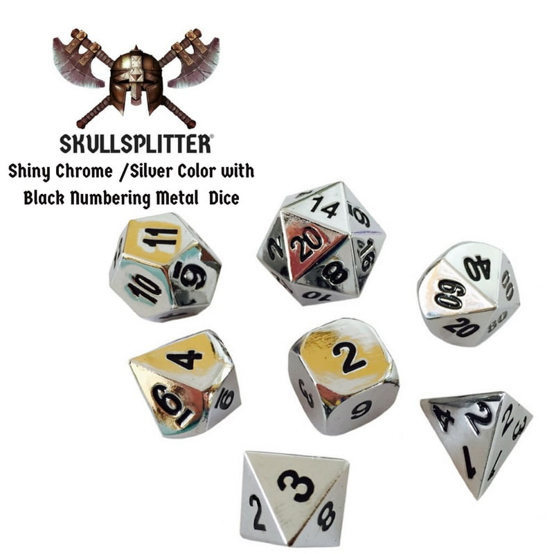 Thieves Tools with Shiny Chrome / Silver Color with Black Numbering Metal Dice Set -