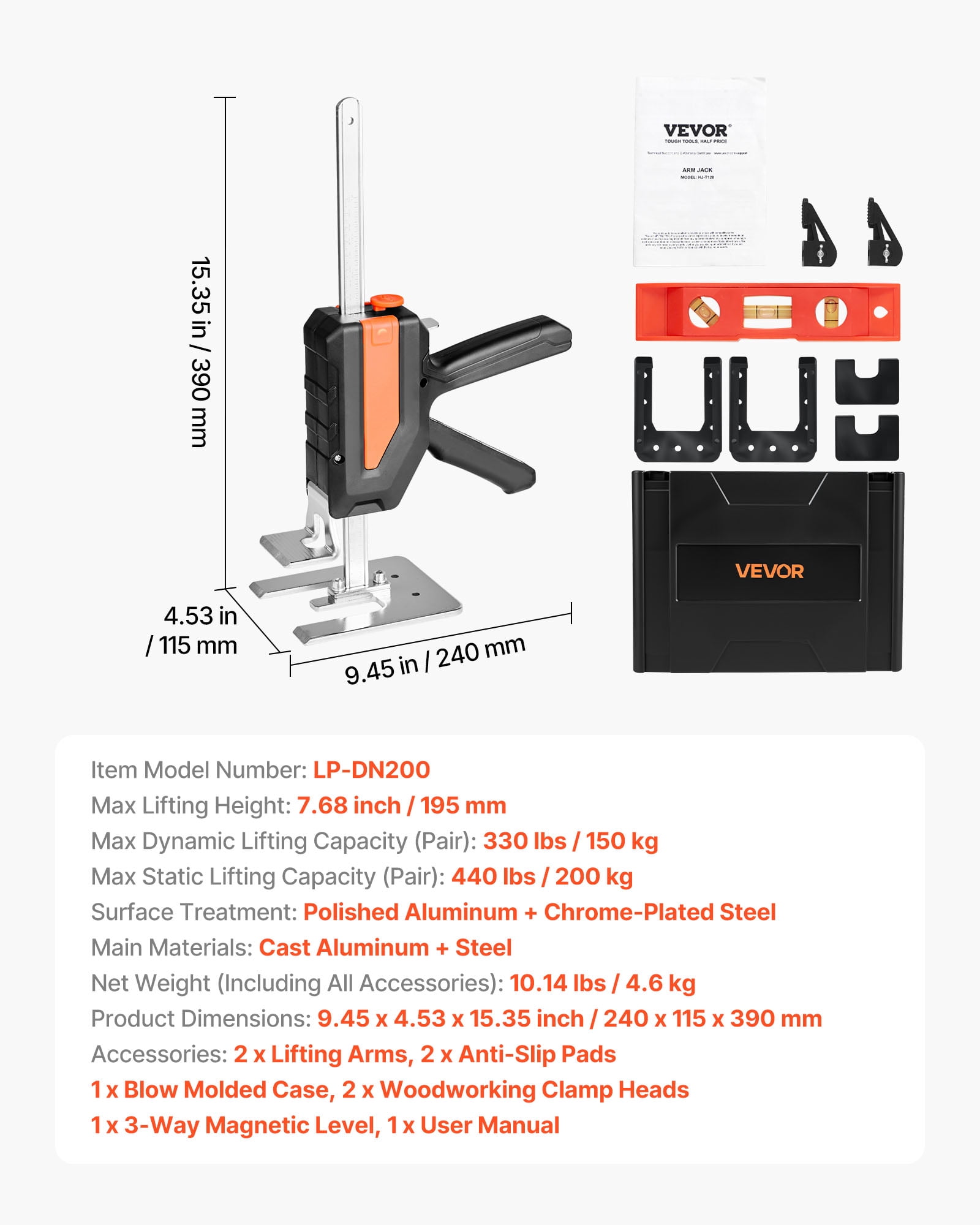 VEVOR Labor Saving Arm Jack, 2 PCS 440 lbs Bearing Capacity, Lifting up to 7.7", Metal Hand Lifting Jack Tool with Magnetic Level, 2 Adjustment Modes, for Door, Window, Furniture, Woodworking, Black