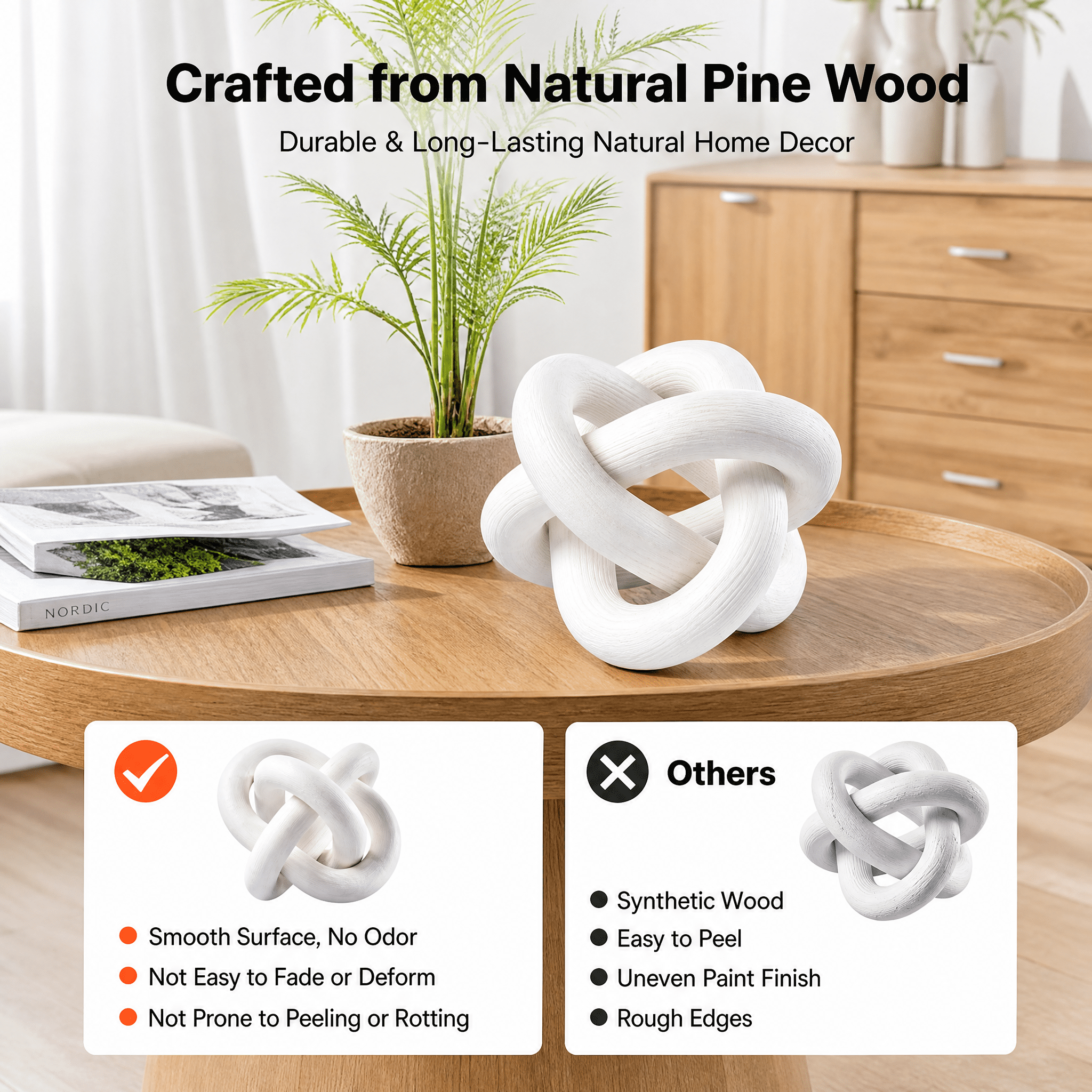 Natural Pine Wood Chain Link Decor, Hand-Polished Smooth Rustic Farmhouse, 5-Link Wooden Knot Decor for Shelf Mantel Table Home Decoration