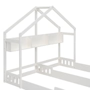 Twin Size House Floor Bed with Roof, Wood Double Twin Beds with Shelves and Guardrail for 2 Kids, Two Shared Beds Montessori Bed Frame, House Platform Bed for Girls Boys, Creamy White