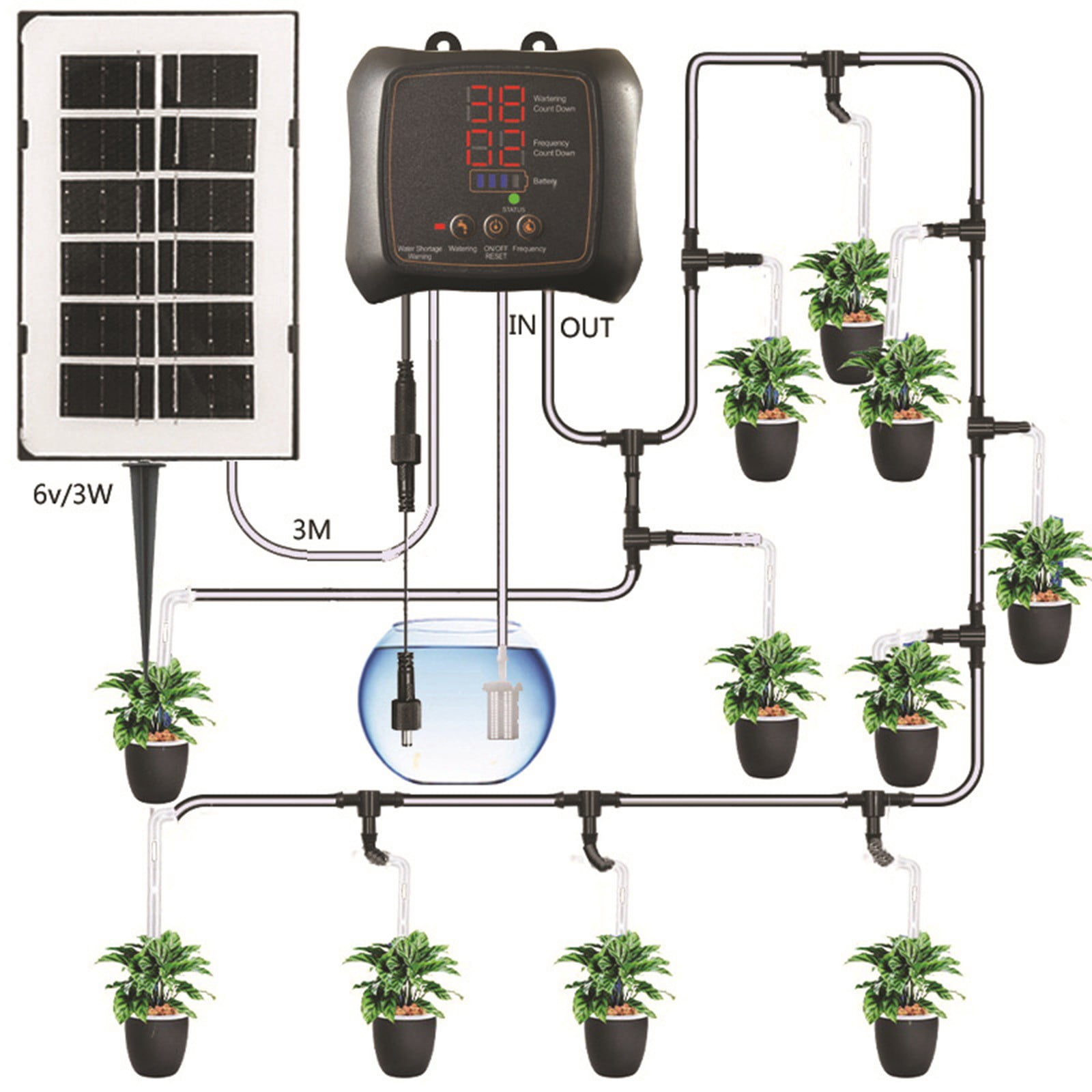 Djiypn 3W Solar Drip Irrigation System for Garden, Vacation Automatic Smart Watering Kits for Potted Plants, Raised Beds, Greenhouse, Timer Plant Watering Device, Indoor/Outdoor Use