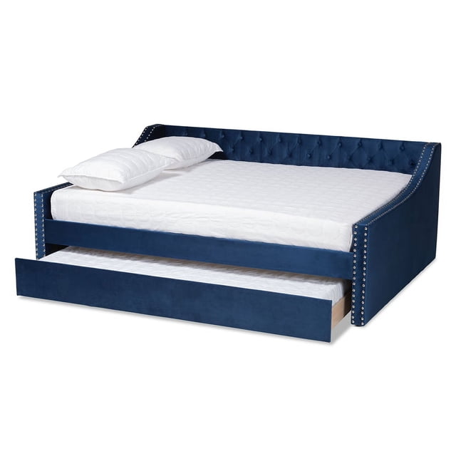 Baxton Studio Raphael Navy Blue Velvet Upholstered Full Size Daybed with Trundle