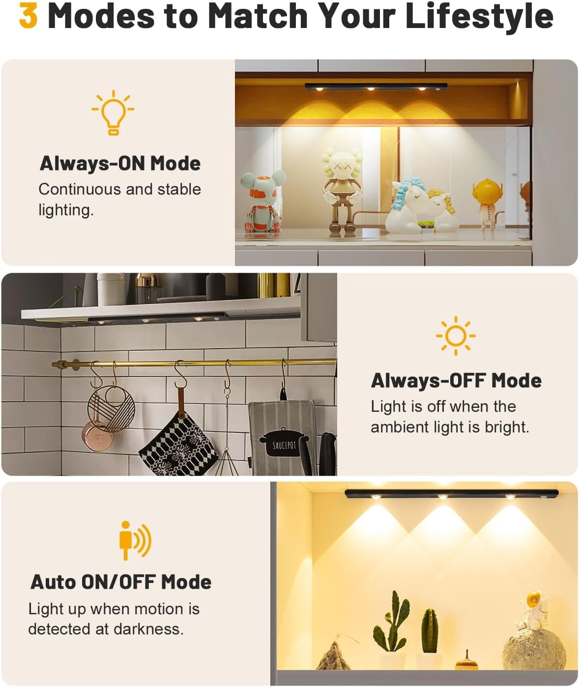 Under Cabinet Lights, Rechargeable Motion Sensor Light Indoor, Wireless and 3-Color Dimmable with Cat’s Eye Hill Effect, for Display Cabinets, Showcases, Wine Racks, 2 Pack, Black