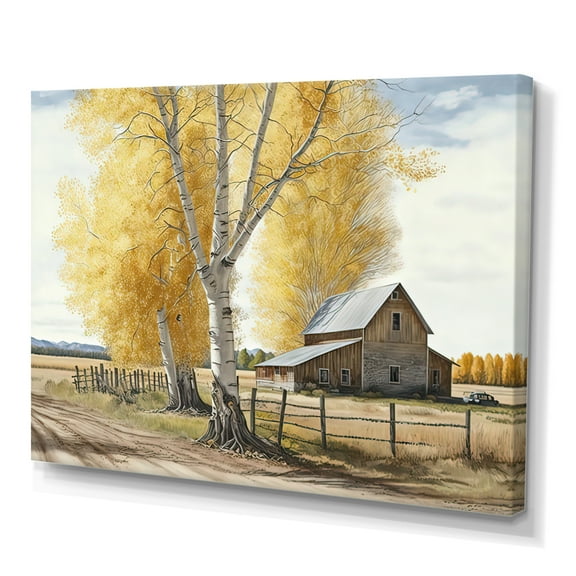 Designart Yellow Barn In Spring VII Canvas Wall Art