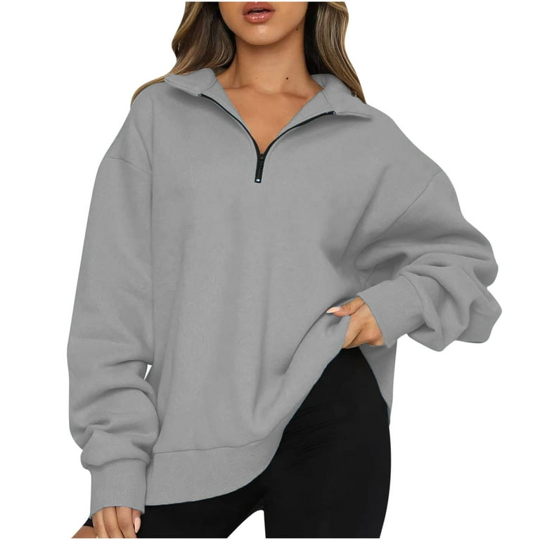 Ollysqiar Ladies Solid Color Hooded Sweater Zip Closure Plus
