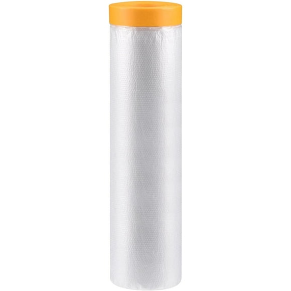 Pre-Taped Masking Film, 94.5 in x 65 Ft, Plastic Drop Cloth with Medium-Tack Painters Tape for Painting Protection Transparent 94.5 in x 65 Ft