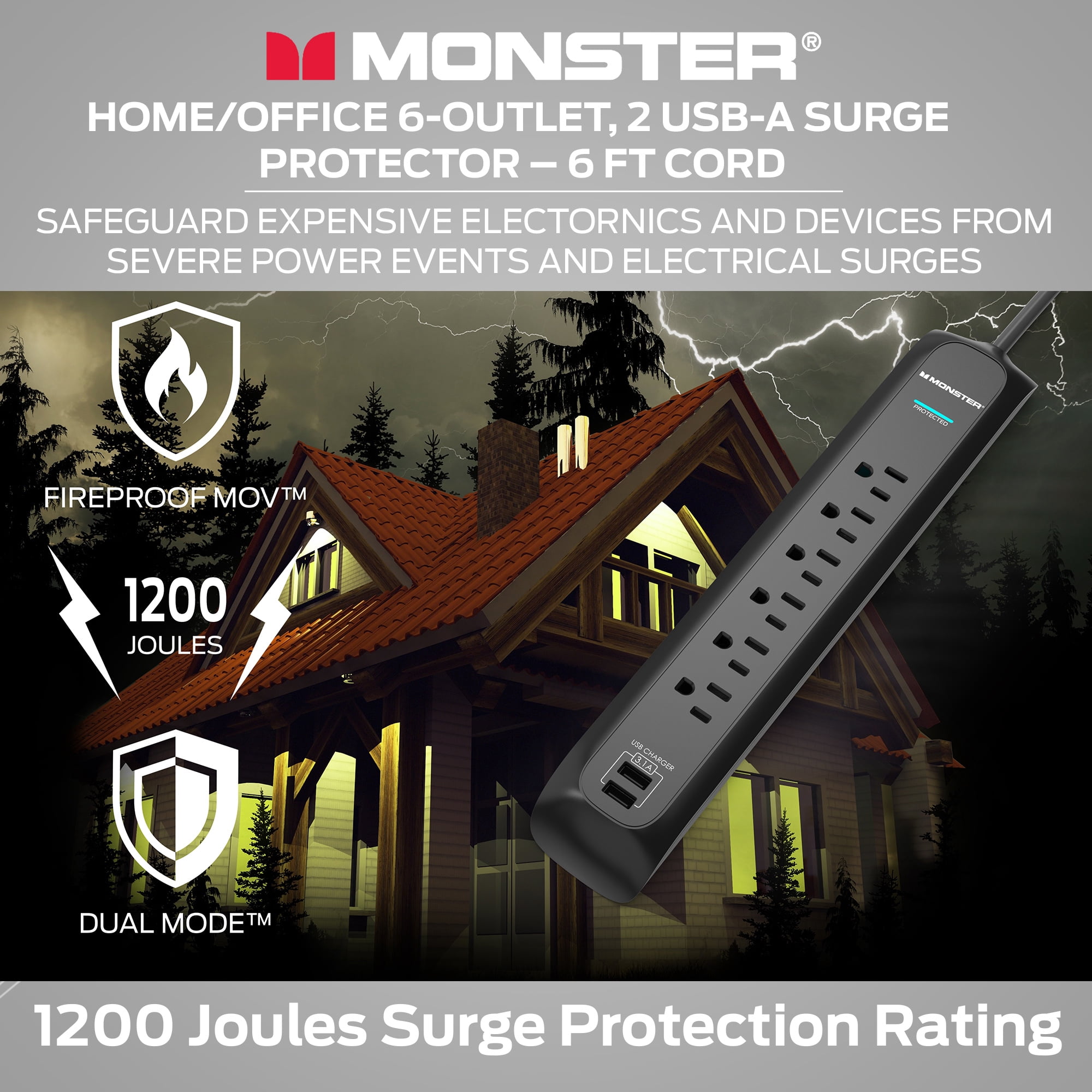 Monster 6ft Black Power Strip and Tower Surge Protector, Heavy Duty Protection for with 1200 Joule Rating, 6 120V-Outlets, and 2 USB-A Ports- Ideal for Computers, Home Theatre, Home Appliances,