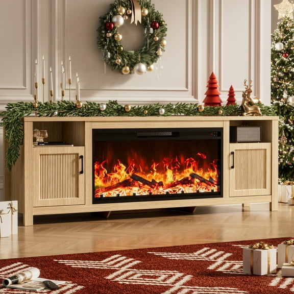 Farmhouse Tv Stand with 38" Electric Fireplace - Fits Tvs Up to 70  Inches, Entertainment Center Media Console Fireplace Mantel with Storage Cabinets for Living Room & Bedroom