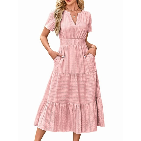 Womens Summer Casual Midi Maxi Dresses Light-Weight Short Sleeve V Neck Elastic Waist Boho Beach Dress Pockets Pink XL