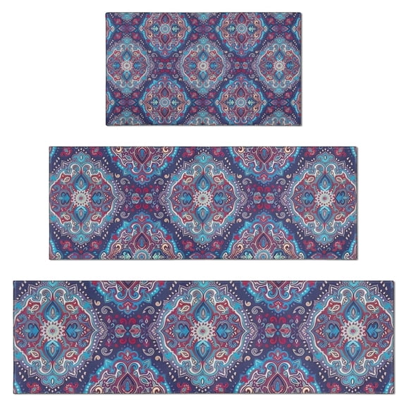 Blue Ethnic Paisley Pattern Kitchen Rugs Sets Of 3,Kitchen Runner Rugs Non Skid Washable,Decorative Kitchen Floor Mats for Kitchen,Sink,Laundry,17"x30" 17"x47" 17"x59"