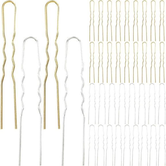 40 Pack 3 Inch Gold Silver Metal U Shaped Hair Pins Alloy Iron Wire Hair Fork Long Chopsticks Hairpins Picks Hair Sticks Shawl Pin Hairclips Simple Fast Bun Clip Holder Crafting DIY Accessory Bulk