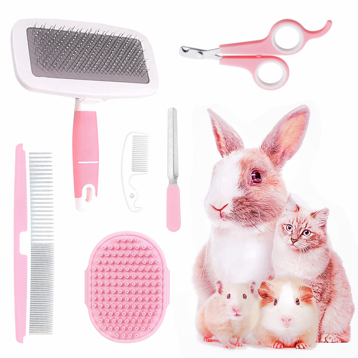 ACDANC Small Animal Pet Grooming Kit with Pet Shedding Slicker Brush,Bath Massage Glove,Pet Grooming Comb,Nail Clipper Trimmer for Rabbit,Puppy,Kitten,Guinea Pig,Hamster,Ferret (Pink)
