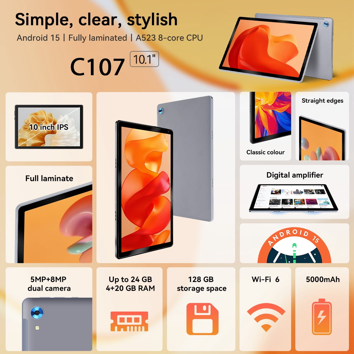 2026 Android 15 Tablet 10.1 Inch, Octa-Core, 128GB ROM, Widevine L1, WiFi 6, Bluetooth 5.3 for Student and Worker,Gray