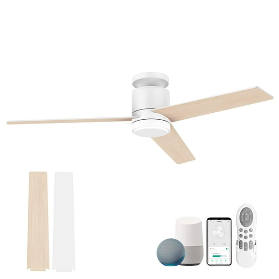 52 Inch Smart Flush Mount Ceiling Fans with Lights Remote,Quiet DC Motor,Outdoor Indoor Low Profile Ceiling Fan,Voice Control via WIFI Alexa App,Modern White Wood Ceiling fan for Bedroom Patio