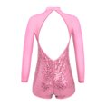 thumbnail image 2 of YONGHS Kids Girls Mesh Splice Long Sleeve Sequins Dance Leotards Gymnastic Ballroom Dancewear Pink 8, 2 of 5