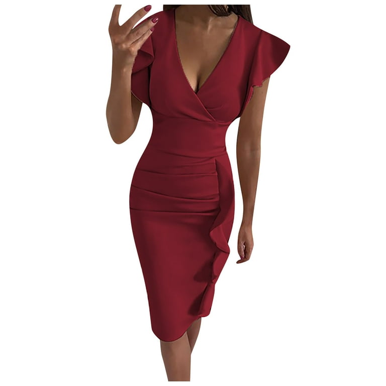 BEEYASO Clearance Summer Dresses for Women Short Sleeve Knee Length Fashion  Sheath Solid V-Neck Dress Wine S 